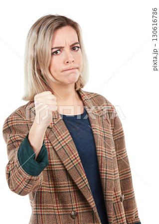 Angry, woman with fist for punch and portrait, fight pose and self defense with conflict isolated on white background. Violence, attack and boxing with power, strong female and fighting with bullying Angry, woman with fist for punch and portrait, fight pose and self defense with conflict isolated on white background. Violence, attack and boxing with power, strong female and fighting with bullying 130616786