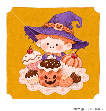 ハロウィンのお菓子と男の子の可愛いイラスト｜カップケーキ・かぼちゃスイーツ 130616867