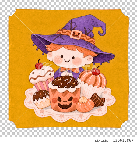 ハロウィンのお菓子と男の子の可愛いイラスト｜カップケーキ・かぼちゃスイーツ 130616867