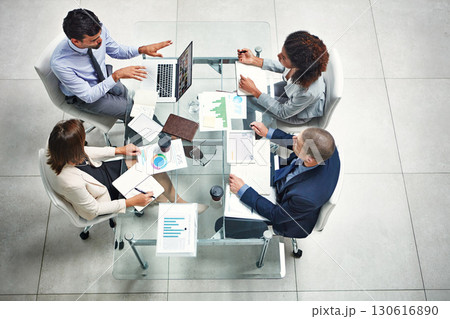 Data analysis, diversity or business people with tech in meeting for advertising strategy, web SEO growth or research. Teamwork or collaboration for planning social media idea or networking in office 130616890