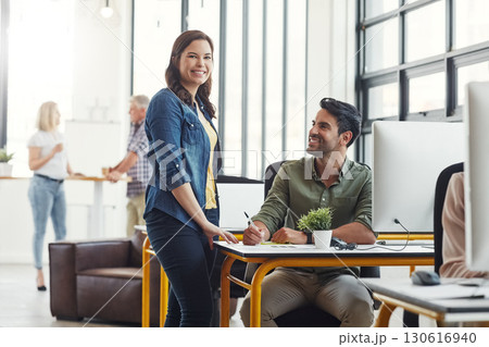 Business people, computer and coaching with team and leader help in coworking startup with digital data on screen. Man, woman and work together, collaboration and partnership with advice and training 130616940