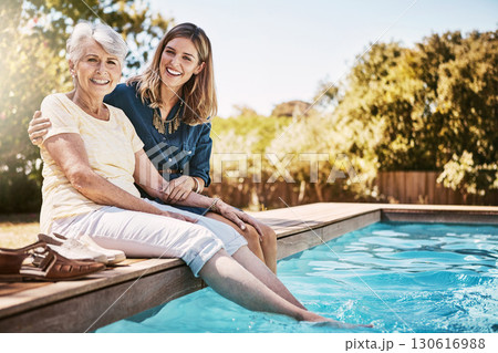 Women in portrait, relax together and swimming pool, love and care with quality time during summer vacation. Elderly mother, daughter and vacation, outdoor pool and wellness lifestyle with family Women in portrait, relax together and swimming pool, love and care with quality time during summer vacation. Elderly mother, daughter and vacation, outdoor pool and wellness lifestyle with family 130616988
