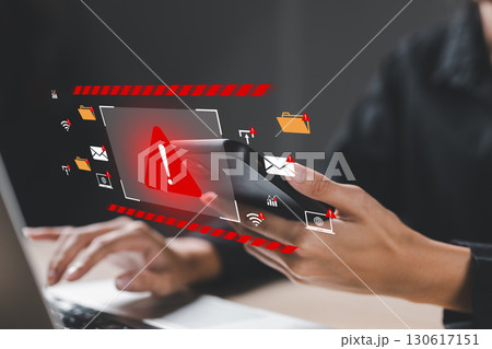 Cybersecurity alert on smartphone with red warning icon, showing risk of phishing, malware, data breach. Concept of digital threat, hacker attack and online information security. 130617151