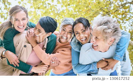 Friends, park and portrait of group of women enjoying bonding, quality time and relax in retirement together. Diversity, friendship and faces of happy senior females with smile, hugging and laugh Friends, park and portrait of group of women enjoying bonding, quality time and relax in retirement together. Diversity, friendship and faces of happy senior females with smile, hugging and laugh 130617252