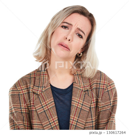 Portrait, sad or white background and a woman isolated in studio with an unhappy or negative expression. Face, sadness and depression with an unhappy young female posing on blank branding space Portrait, sad or white background and a woman isolated in studio with an unhappy or negative expression. Face, sadness and depression with an unhappy young female posing on blank branding space 130617264