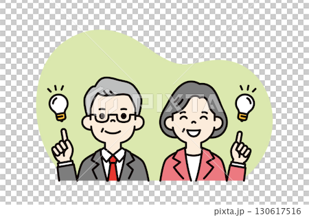 在向量圖上，一位穿著西裝的老年男子和一位婦女想出了一個好主意，上身 130617516