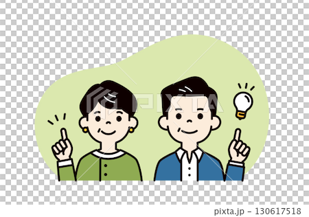 いい解消方法を思い付いた、ミドル世代の男性と女性の上半身ベクターイラスト素材＿カラー 130617518