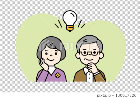 大きな電球と、いいアイデアが閃くおじいさんとおばあさんの上半身ベクターイラスト素材＿カラー 130617520