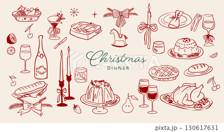 Christmas Dinner Illustration, Festive Holiday Feast with Roast Turkey, Pudding, Wine, and Seasonal 130617631