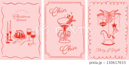 Merry Christmas, hand drawn illustrations, vertical Christmas cards in modern vintage style Merry Christmas, hand drawn illustrations, vertical Christmas cards in modern vintage style 130617633