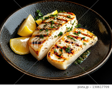 Grilled halloumi cheese with lemon wedges 130617709