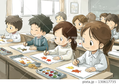 紅葉のスケッチをする学生 130617735
