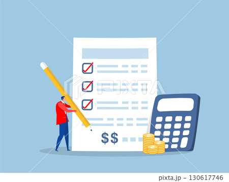 Businessman with calculator estimate cost from project document Project cost estimation, calculate budget or resources to finish work invoices or taxes. cost or loan concept. Businessman with calculator estimate cost from project document Project cost estimation, calculate budget or resources to finish work invoices or taxes. cost or loan concept. 130617746