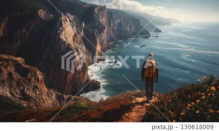 Realistic photo of traveler hiking along coastal cliff 130618009