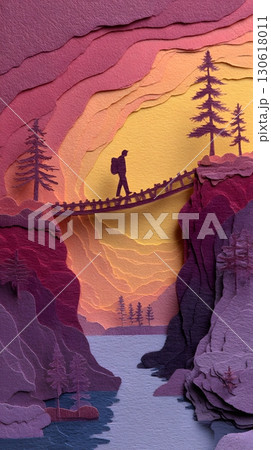 Paper cut layered composition of solo traveler walking on bridge 130618011