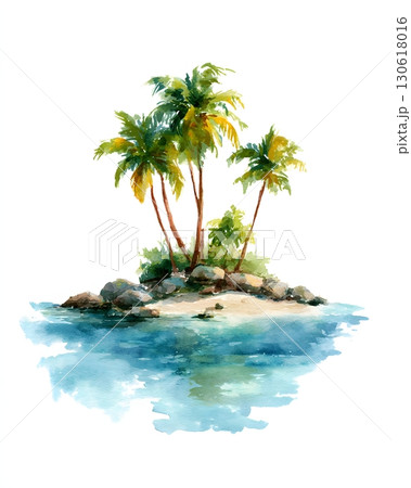Watercolor painting of tropical island with beach and coconut trees 130618016