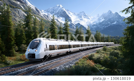 3D render of modern train traveling through scenic landscape 130618019