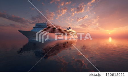 3D render of cruise ship on ocean at sunset with reflections 130618021