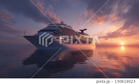 3D render of cruise ship on ocean at sunset with reflections 130618023