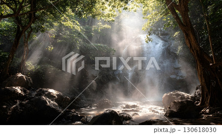 Realistic photo of tropical rainforest waterfall with mist and sunlight 130618030