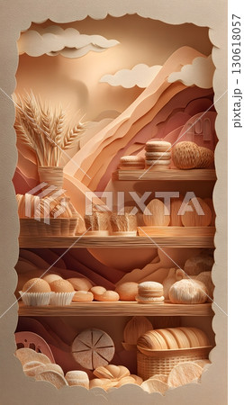 Paper cut layered composition of bakery shelves with bread and pastries 130618057