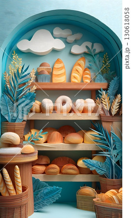 Paper cut layered composition of bakery shelves with bread and pastries Paper cut layered composition of bakery shelves with bread and pastries 130618058
