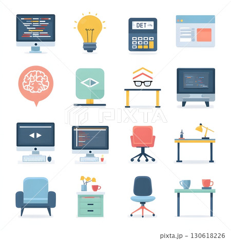 Flat design of creative workspace icons: design, code, idea, meeting 130618226