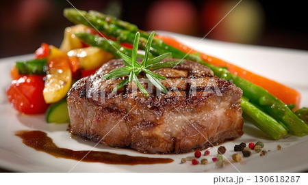 Realistic photo of steak with vegetables on plate, fine dining concept 130618287