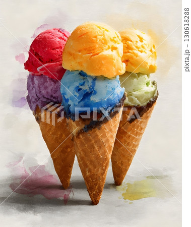 Watercolor painting of ice cream cones with multiple flavors 130618288
