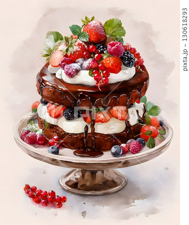 Watercolor painting of chocolate cake with berries and cream 130618293