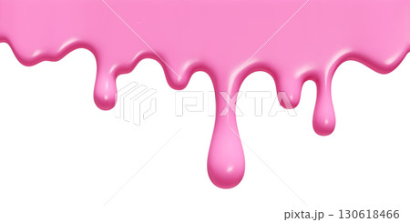 Pink ice cream melt with glossy drips and smooth texture for dessert designs or summer graphics. Liquid flows down in curved streams on white bg. Sweet decoration for packaging and advertisements. Pink ice cream melt with glossy drips and smooth texture for dessert designs or summer graphics. Liquid flows down in curved streams on white bg. Sweet decoration for packaging and advertisements. 130618466