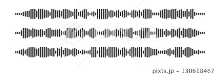 Podcast wave sound patterns with black bars for audio visualization or recording interfaces. Waveforms with varying frequencies and amplitudes. Minimalist design elements for music production software Podcast wave sound patterns with black bars for audio visualization or recording interfaces. Waveforms with varying frequencies and amplitudes. Minimalist design elements for music production software 130618467