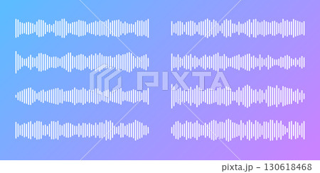 Podcast sound wave patterns with white bars on gradient blue and purple background for audio interfaces. Horizontal waveforms display different rhythms. Digital elements for streaming or production. Podcast sound wave patterns with white bars on gradient blue and purple background for audio interfaces. Horizontal waveforms display different rhythms. Digital elements for streaming or production. 130618468