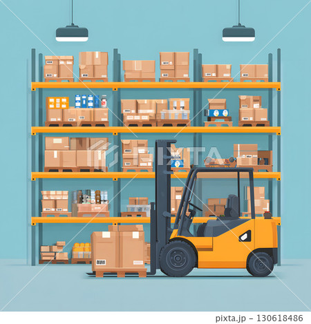 Flat design of warehouse interior with shelves, packages, and forklifts Flat design of warehouse interior with shelves, packages, and forklifts 130618486