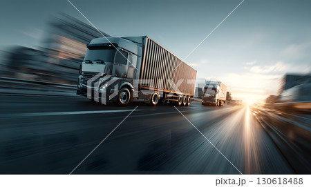 3D render of cargo trucks driving on highway logistics concept 130618488