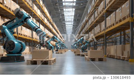 3D render of warehouse with robotic arms picking products 130618493