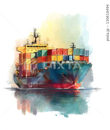 Watercolor illustration of cargo ship sailing with containers 130618494