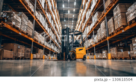 Realistic photo of forklift transporting goods in industrial warehouse 130618504