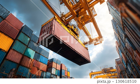 Realistic image of cargo containers being lifted by crane at port 130618510