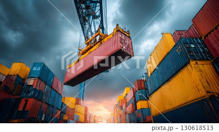 Realistic image of cargo containers being lifted by crane at port 130618513