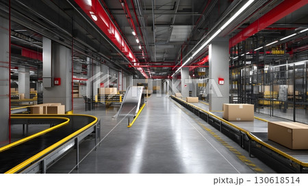 3D render of warehouse interior with conveyor belts and robotic sorting 130618514