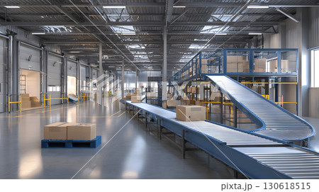 3D render of warehouse interior with conveyor belts and robotic sorting 130618515