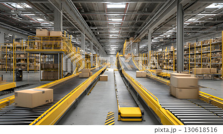 3D render of warehouse interior with conveyor belts and robotic sorting 130618516