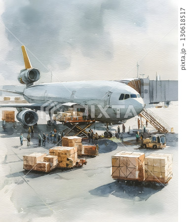 Watercolor painting of plane unloading cargo at airport 130618517