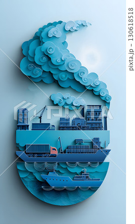 Paper cut layered illustration of supply chain concept with trucks and ships 130618518