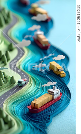 Paper cut layered illustration of supply chain concept with trucks and ships 130618519