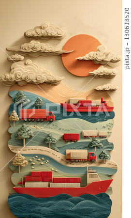 Paper cut layered illustration of supply chain concept with trucks and ships 130618520