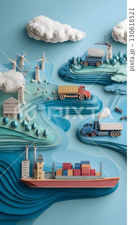Paper cut layered illustration of supply chain concept with trucks and ships 130618521