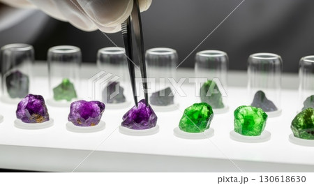 Scientist examining colorful mineral specimens with tweezers in laboratory 130618630