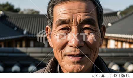 Smiling Senior Asian Man Portrait in Traditional Korean Village 130618631
